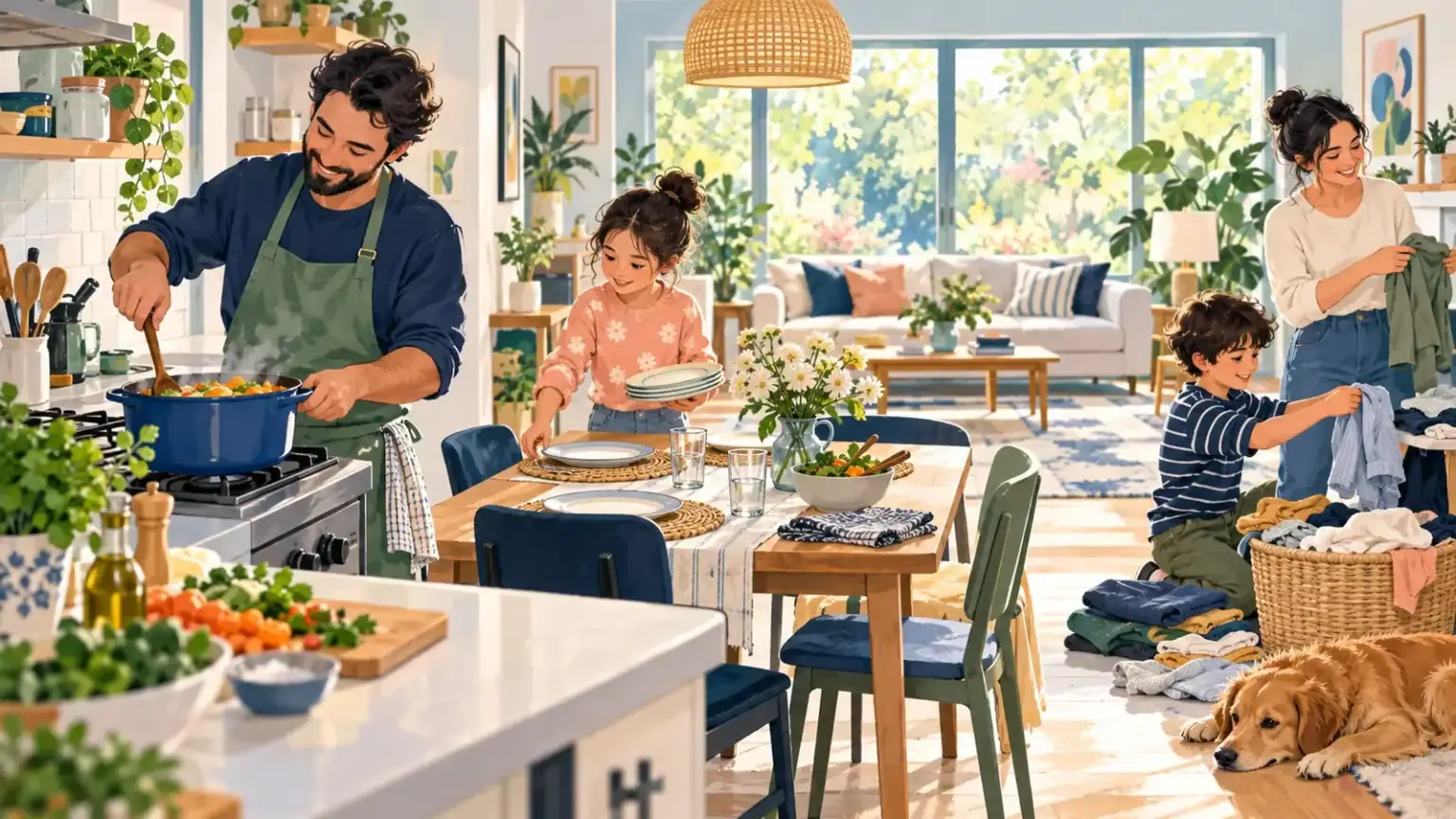 Father cooking while children and another parent share table setting and laundry tasks