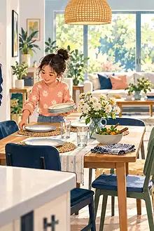 Father cooking while children and another parent share table setting and laundry tasks