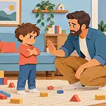 Father calmly setting a limit with a frustrated young child while another caregiver supports nearby