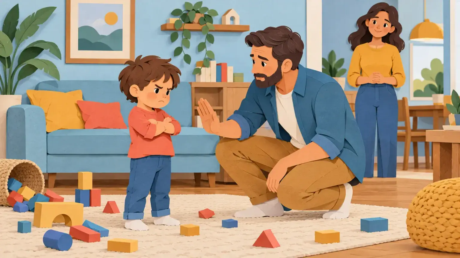Father calmly setting a limit with a frustrated young child while another caregiver supports nearby