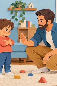Father calmly setting a limit with a frustrated young child while another caregiver supports nearby
