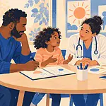 Father, child, clinician and teacher sharing a collaborative meeting around a table