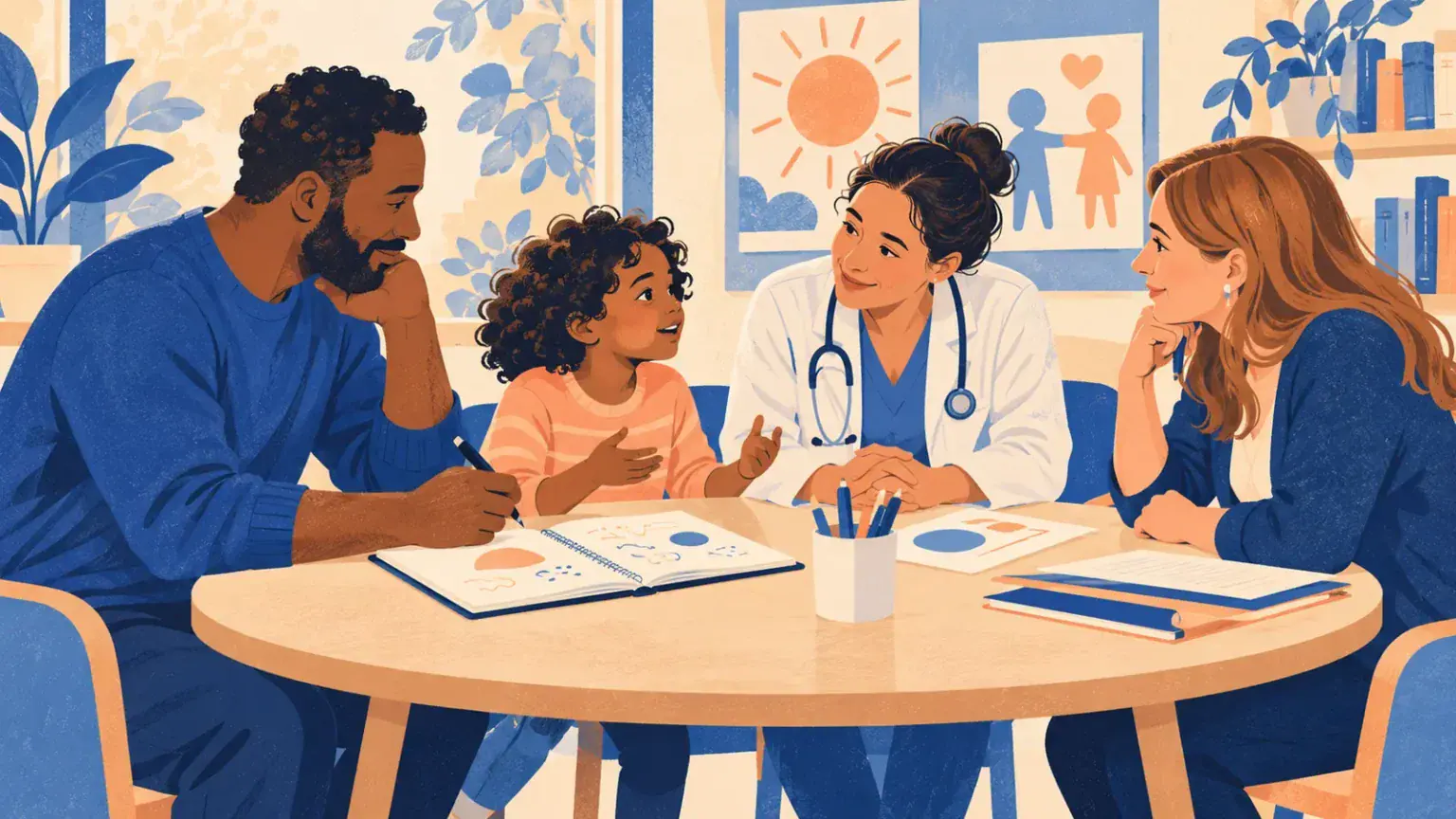 Father, child, clinician and teacher sharing a collaborative meeting around a table