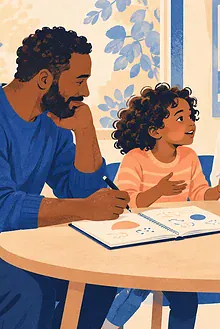 Father, child, clinician and teacher sharing a collaborative meeting around a table