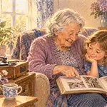 Grandmother giving equal attention to two grandchildren enjoying different craft activities