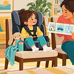 A caregiver rehearses an airplane journey with a young child seated in a child restraint