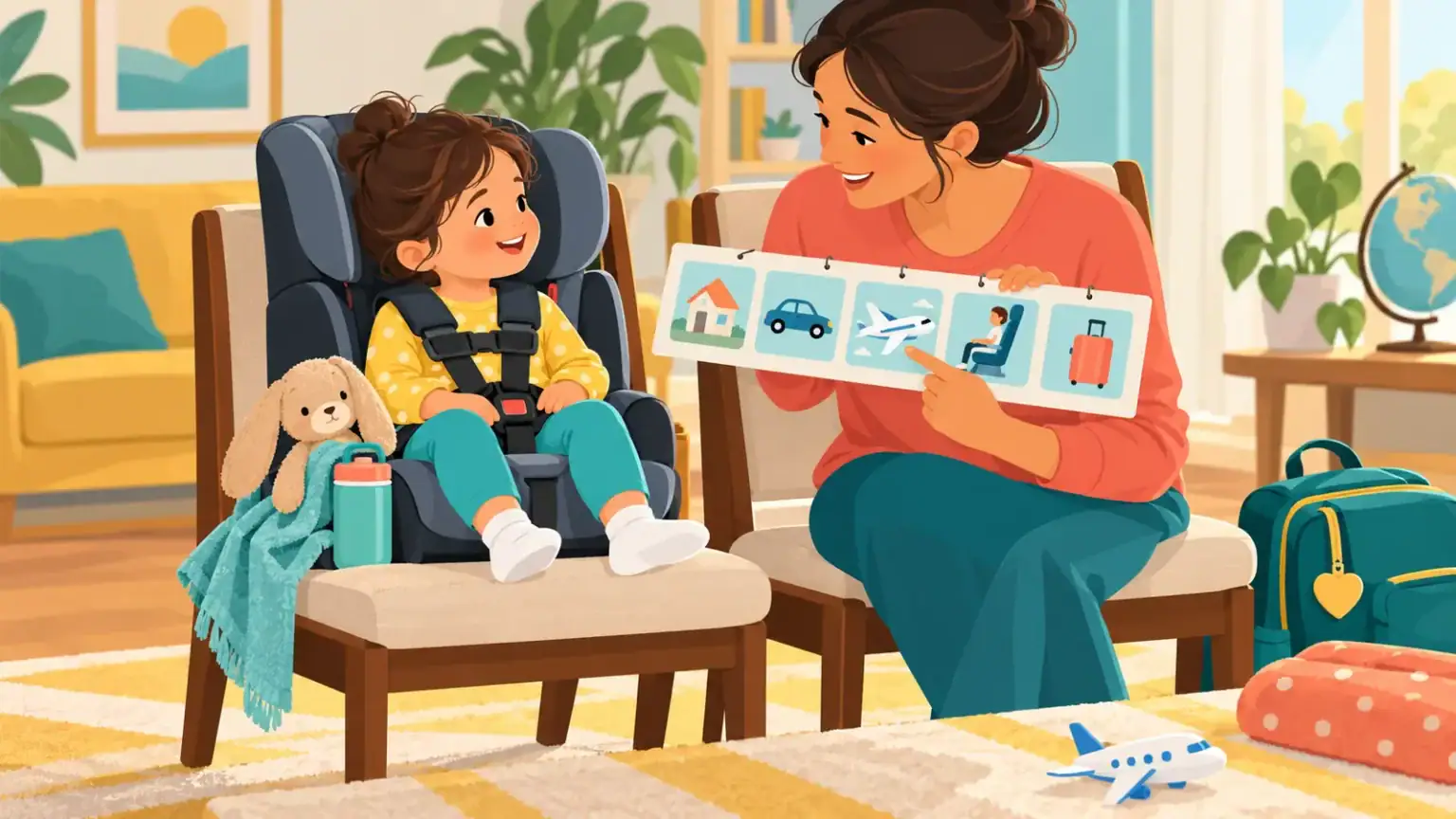 A caregiver rehearses an airplane journey with a young child seated in a child restraint