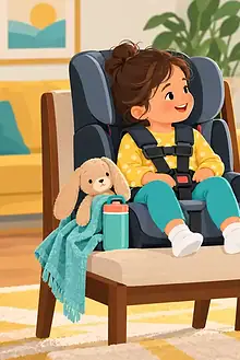 A caregiver rehearses an airplane journey with a young child seated in a child restraint