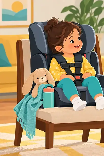 A caregiver rehearses an airplane journey with a young child seated in a child restraint