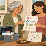Grandparent and parent reviewing a care plan beside a locked medicine box while a child waits with a backpack