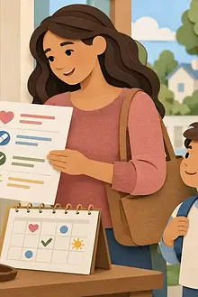 Grandparent and parent reviewing a care plan beside a locked medicine box while a child waits with a backpack