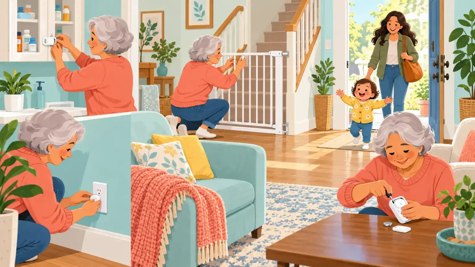 Grandparent securing medicines, fitting a stair gate and covering an outlet before a toddler arrives