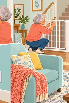 Grandparent securing medicines, fitting a stair gate and covering an outlet before a toddler arrives