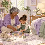 Grandparent playing with an older sibling while new parents rest beside their newborn in a bassinet
