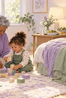 Grandparent playing with an older sibling while new parents rest beside their newborn in a bassinet