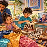 Multicultural family cooking, making music and speaking with an elder by video while children explore family objects