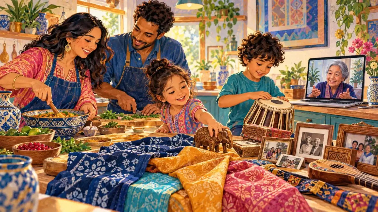 Multicultural family cooking, making music and speaking with an elder by video while children explore family objects
