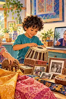 Multicultural family cooking, making music and speaking with an elder by video while children explore family objects