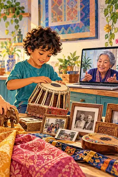 Multicultural family cooking, making music and speaking with an elder by video while children explore family objects