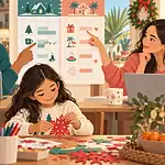 Separated parents calmly planning holiday celebrations while their child makes decorations nearby