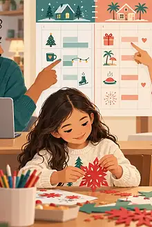 Separated parents calmly planning holiday celebrations while their child makes decorations nearby