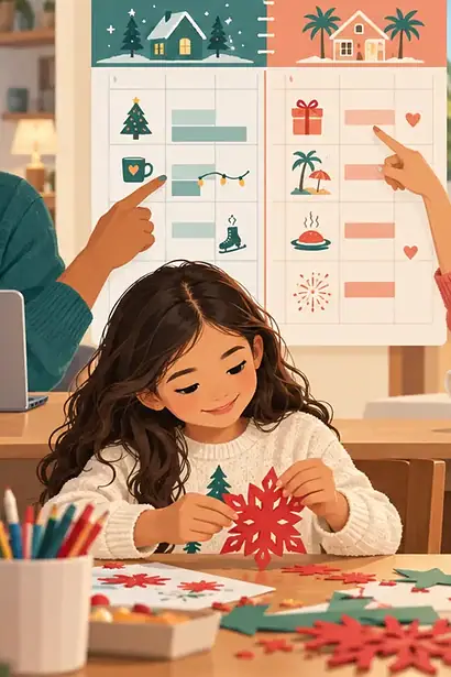 Separated parents calmly planning holiday celebrations while their child makes decorations nearby