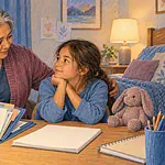Older kin caregiver reassuring a school-age child while organizing health and school documents