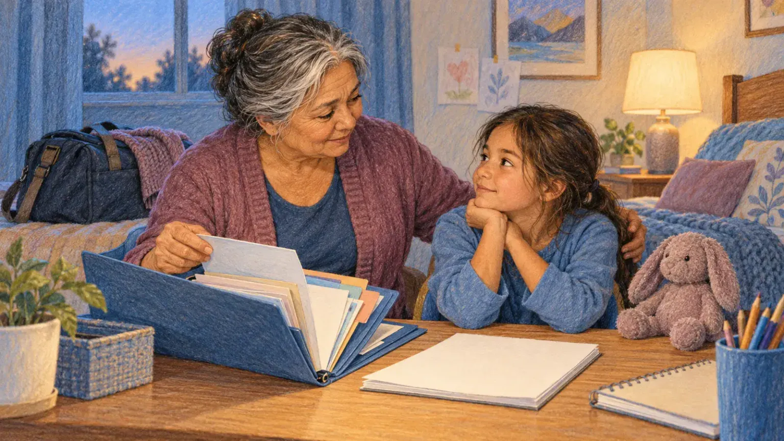 Older kin caregiver reassuring a school-age child while organizing health and school documents