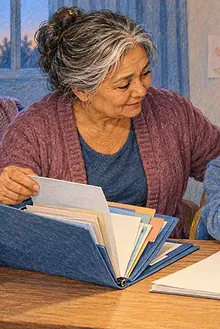 Older kin caregiver reassuring a school-age child while organizing health and school documents