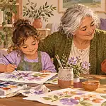 Grandmother on a video call making a paper craft with two grandchildren at their table