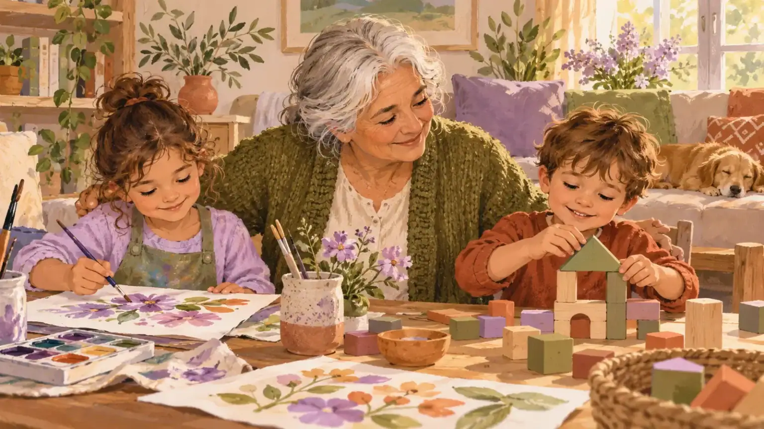 Grandmother on a video call making a paper craft with two grandchildren at their table
