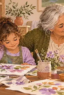 Grandmother on a video call making a paper craft with two grandchildren at their table