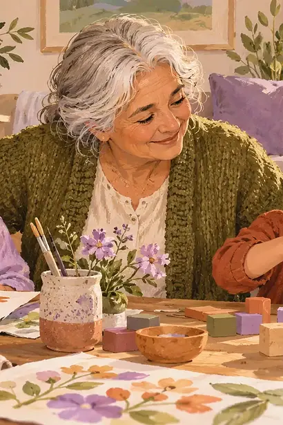 Grandmother on a video call making a paper craft with two grandchildren at their table