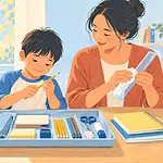 A parent and child check pencils, notebooks and a reusable ruler before packing a school bag