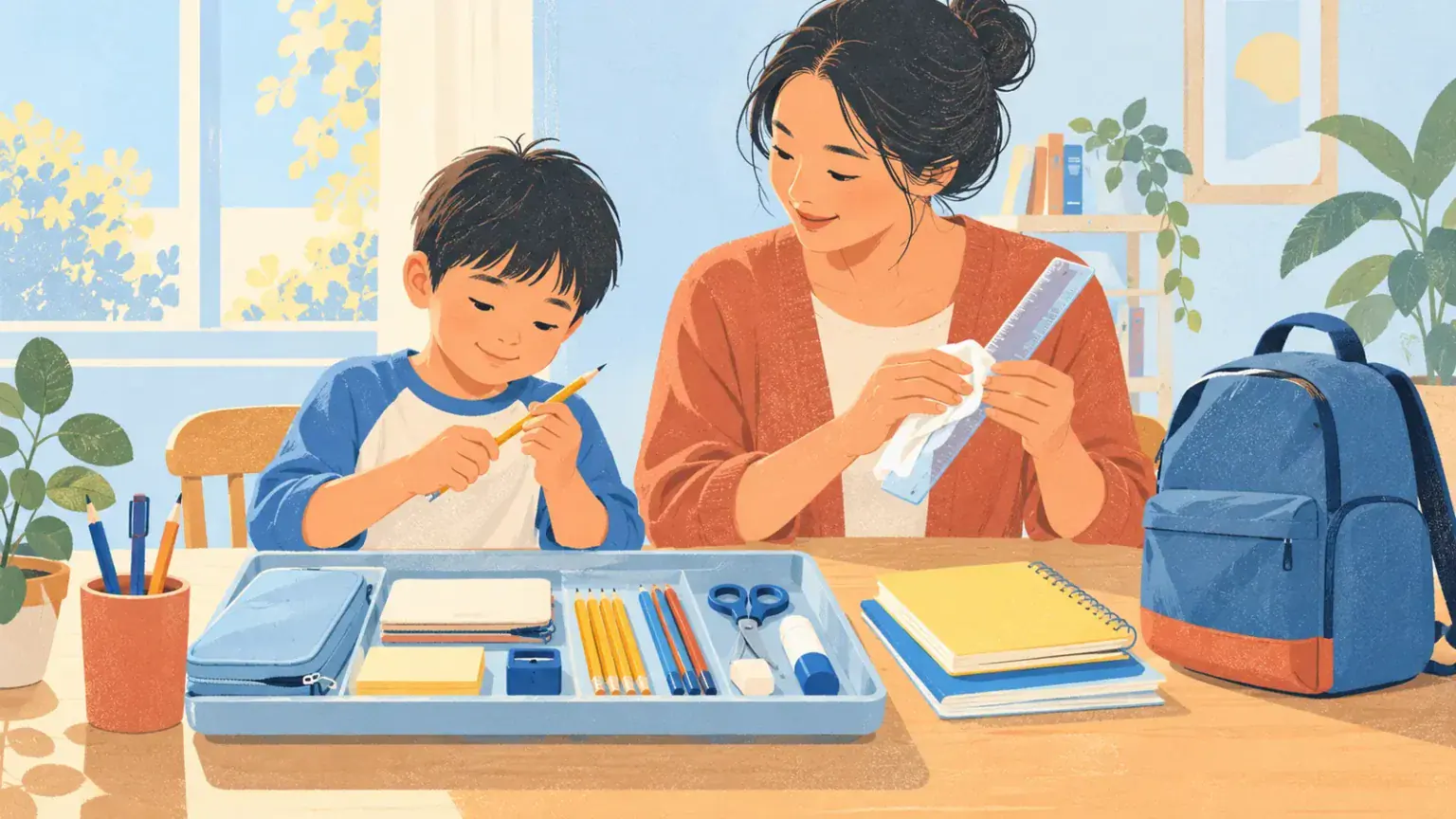 A parent and child check pencils, notebooks and a reusable ruler before packing a school bag
