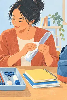 A parent and child check pencils, notebooks and a reusable ruler before packing a school bag