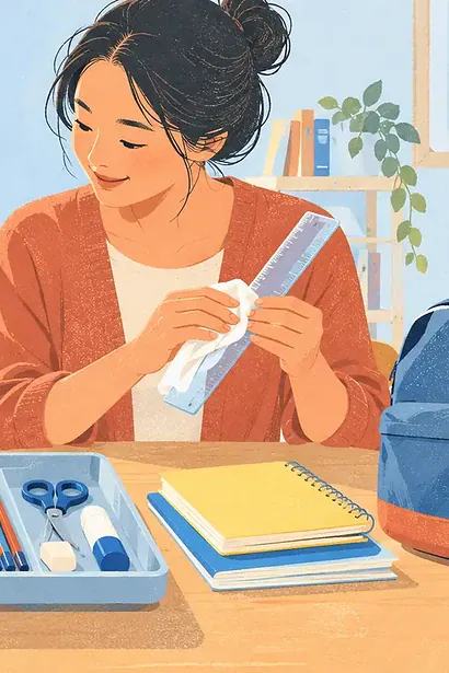 A parent and child check pencils, notebooks and a reusable ruler before packing a school bag