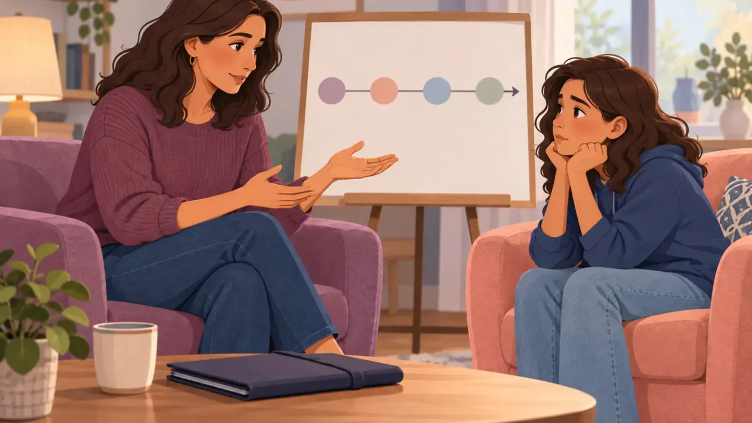 Parent calmly explaining a simple process timeline to a worried preteen while legal papers remain private