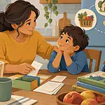 Parent reassuring a child while planning groceries, school needs and household spending