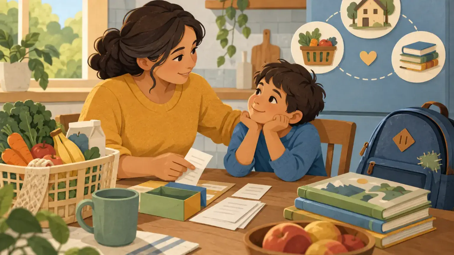Parent reassuring a child while planning groceries, school needs and household spending