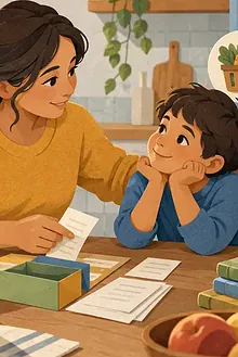 Parent reassuring a child while planning groceries, school needs and household spending