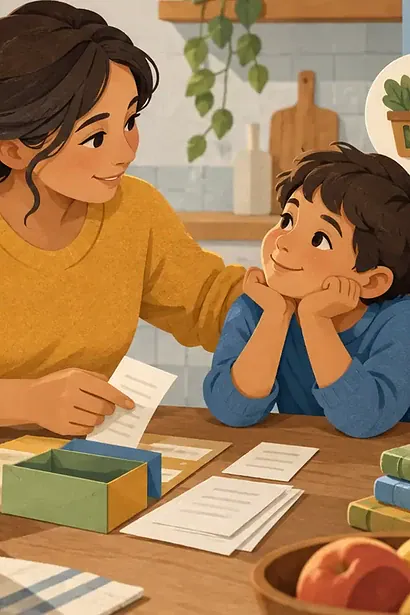 Parent reassuring a child while planning groceries, school needs and household spending