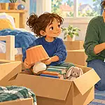 Parent helping a child pack familiar belongings while showing the route between homes and school