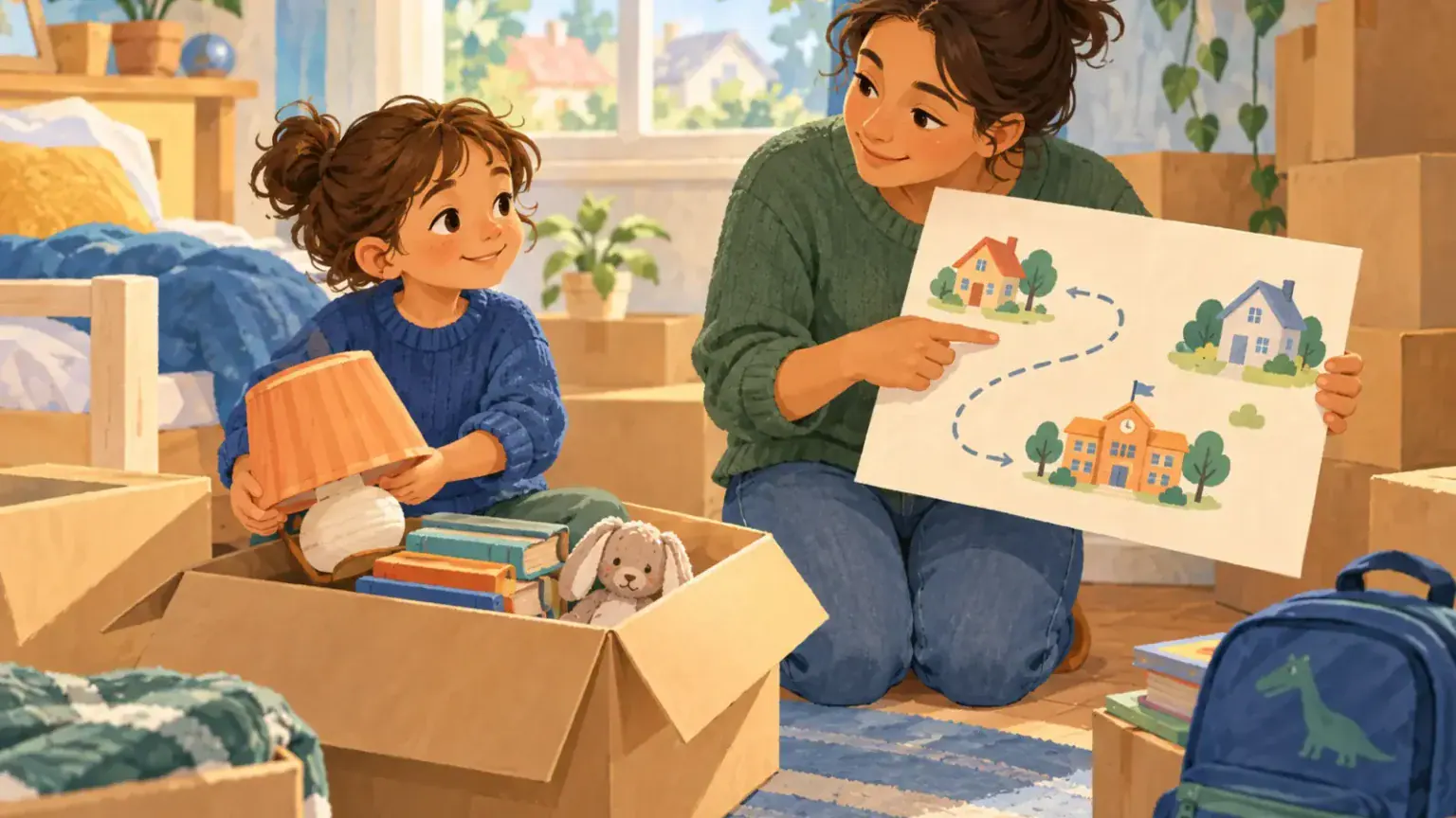 Parent helping a child pack familiar belongings while showing the route between homes and school
