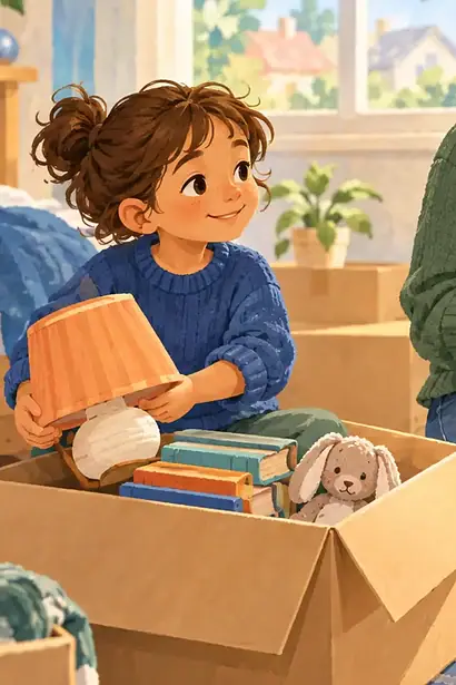 Parent helping a child pack familiar belongings while showing the route between homes and school