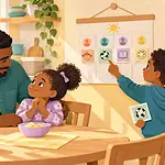 Father listening to one child while siblings check their turns on a picture calendar