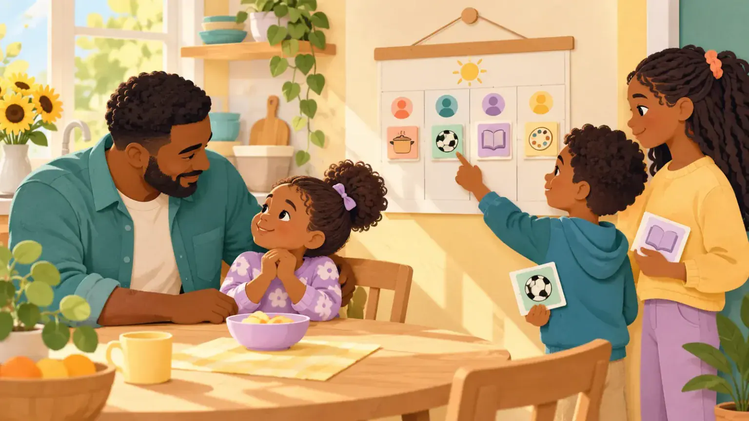 Father listening to one child while siblings check their turns on a picture calendar