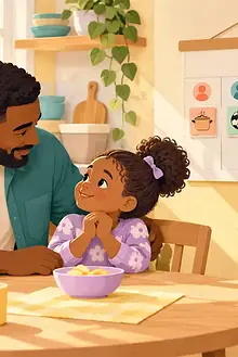 Father listening to one child while siblings check their turns on a picture calendar