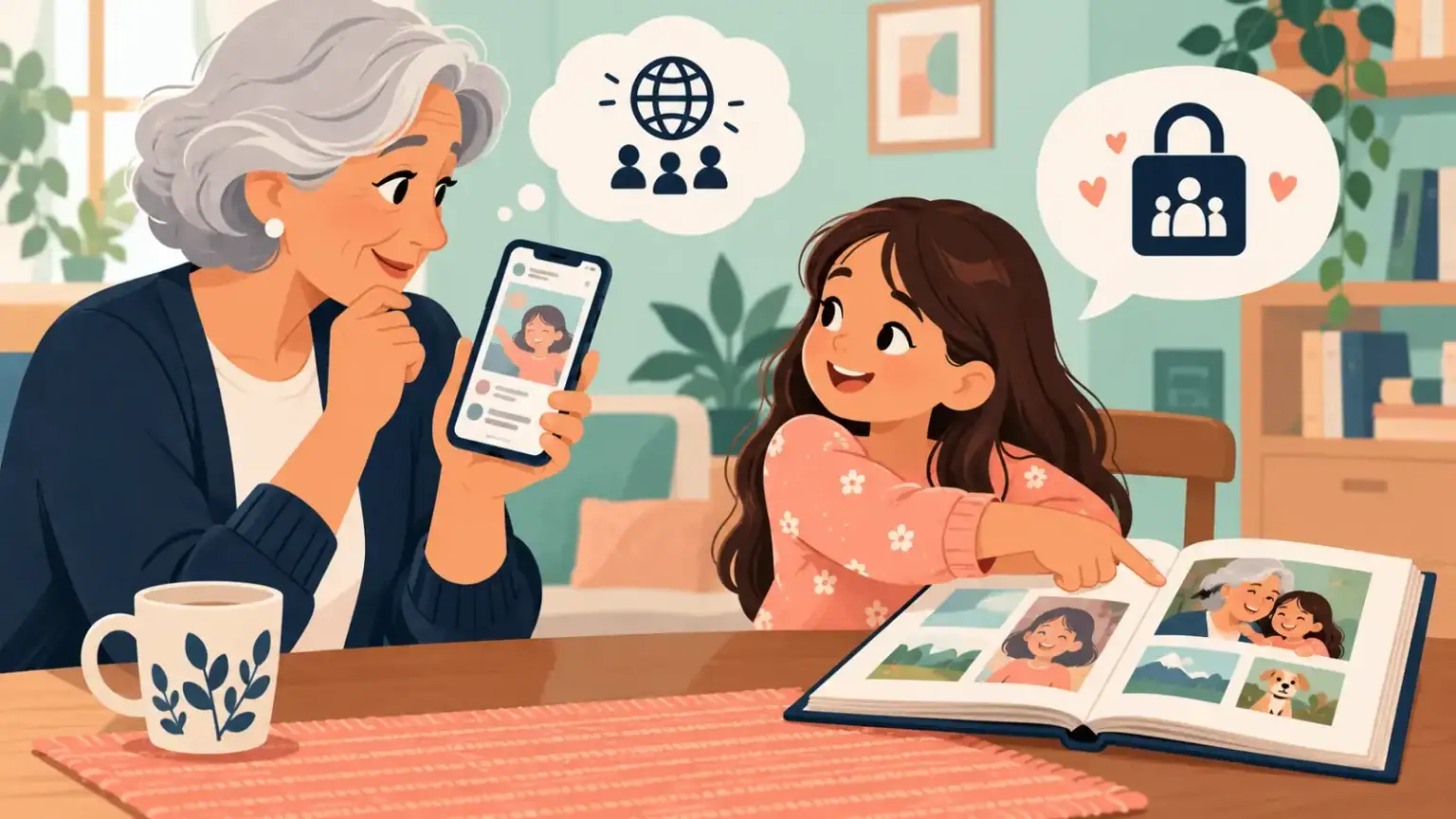 Grandmother asking a child for permission before sharing a family photograph from her phone