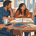 Separated parents and their older child reviewing a calendar, school books and sports schedule